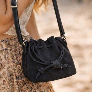 Free People Billie True Black Suede Drawstring Cross Body Slouchy Medicine Style